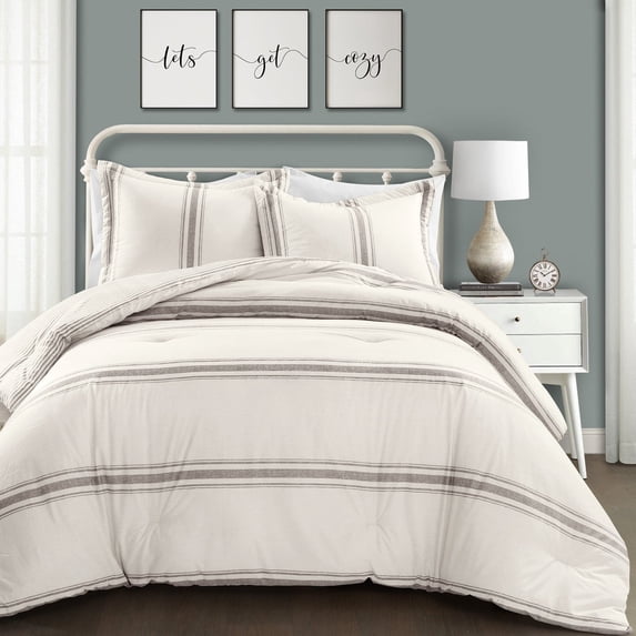 Lush Decor Farmhouse Grey Stripe 3-Piece Comforter Set, Full/Queen