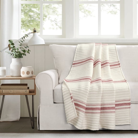Lush Decor Farmhouse Red, Beige Striped Cotton Woven Throw, 60" x 50"