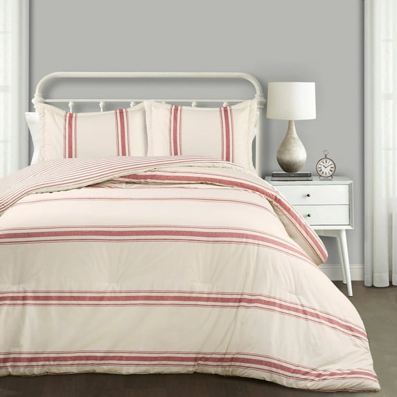 Lush Decor Farmhouse Red Stripe 3-Piece Comforter Set, Full/Queen