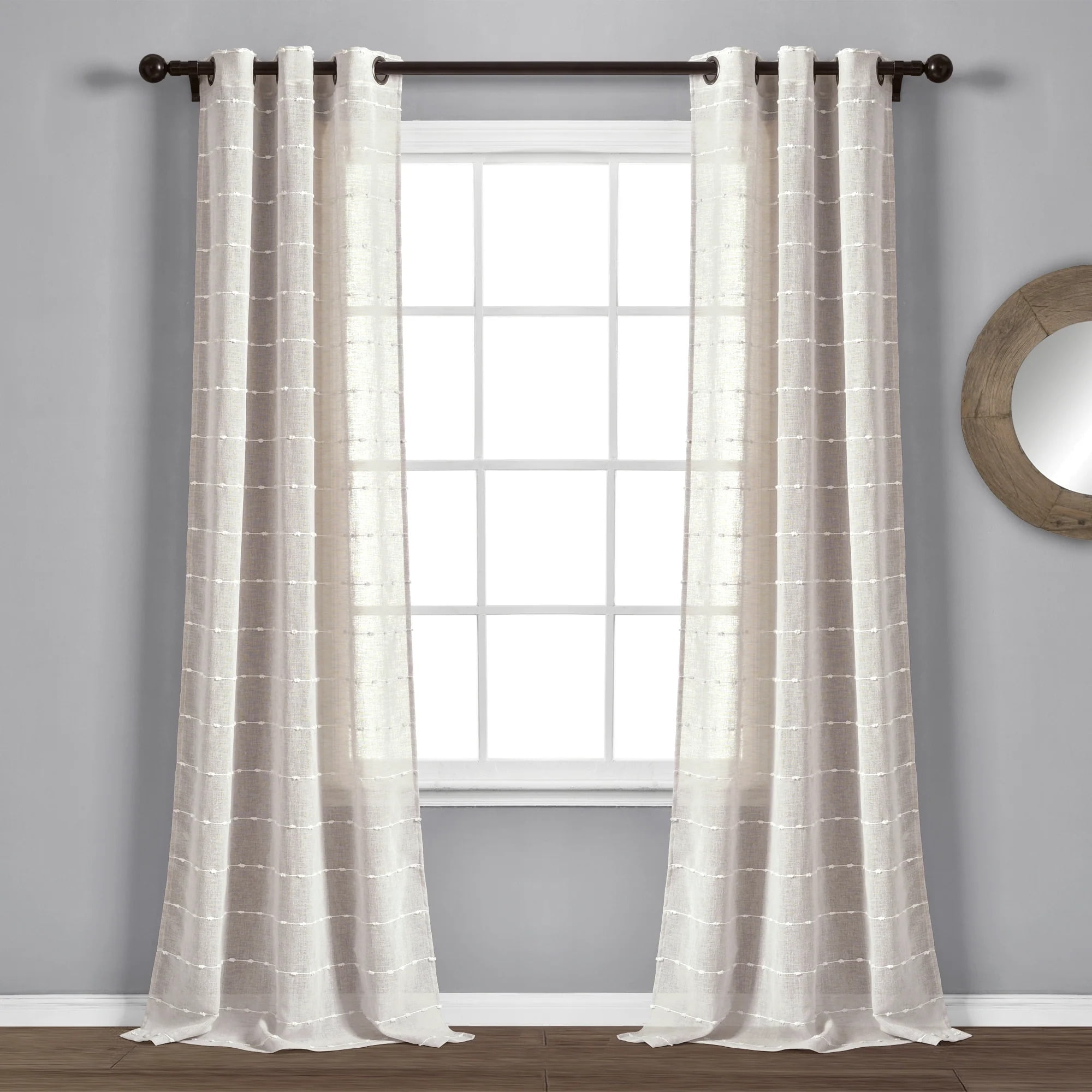 Beige Farmhouse Textured Grommet Sheer Window Curtain Panel Pair