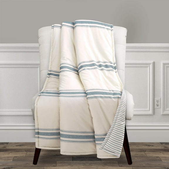 Lush Decor Farmhouse Stripe Cotton-Polyester Reversible Throw, 60x50, Blue, Single