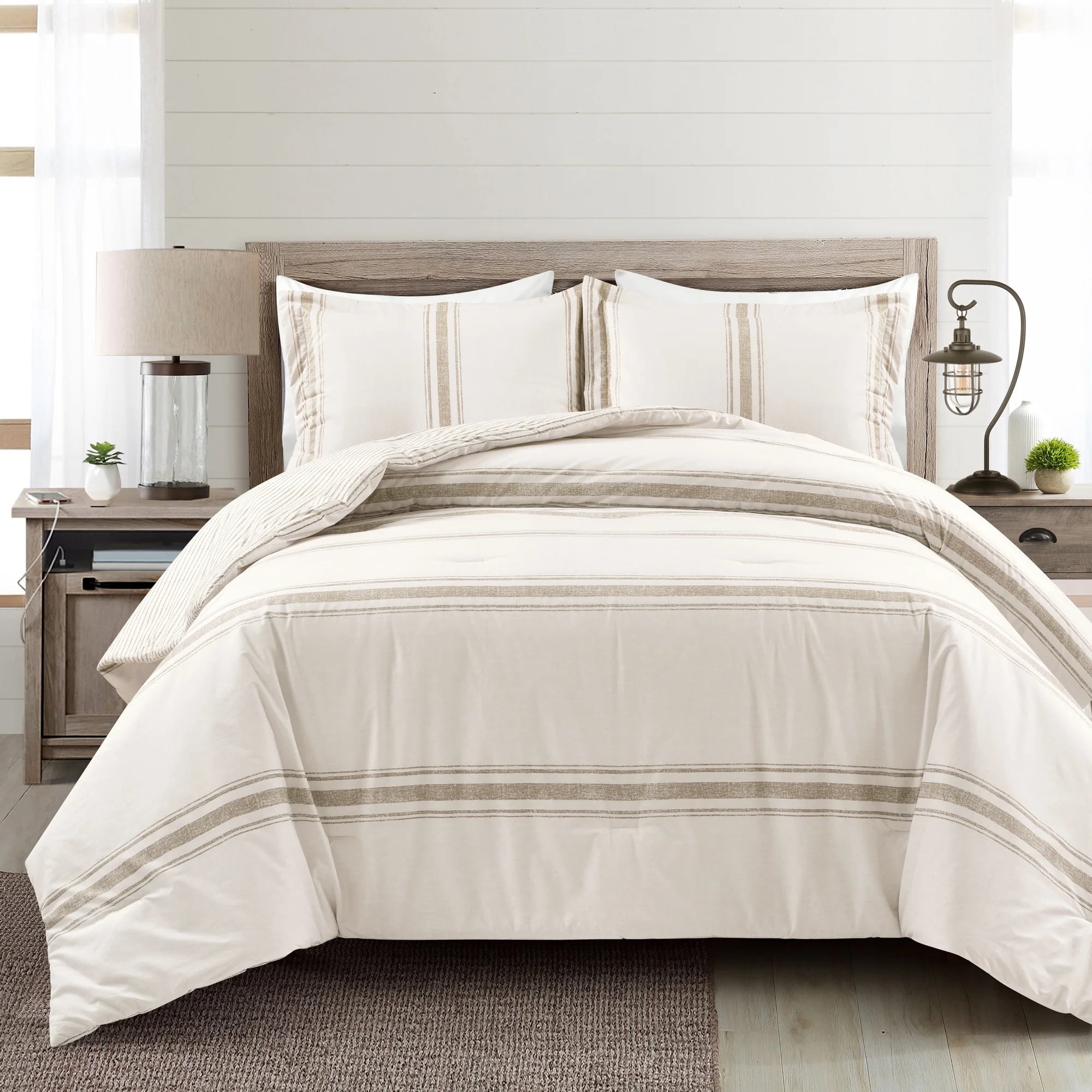 Farmhouse Stripe King Cotton Comforter and Sham Set in Neutral