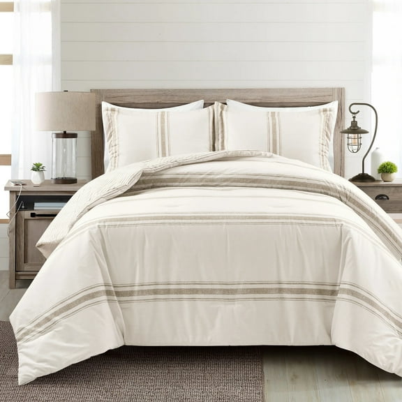 Lush Decor Farmhouse Stripe Cotton Reversible Comforter, King, Neutral, 3-Pc Set