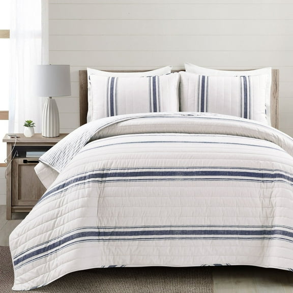Lush Decor Farmhouse Stripe Cotton Reversible Quilt, Full/Queen, Navy, 3-Pc Set