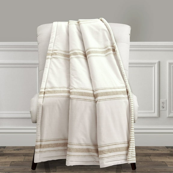 Lush Decor Farmhouse Stripe Cotton Reversible Throw, 60" x 50", Neutral, Single