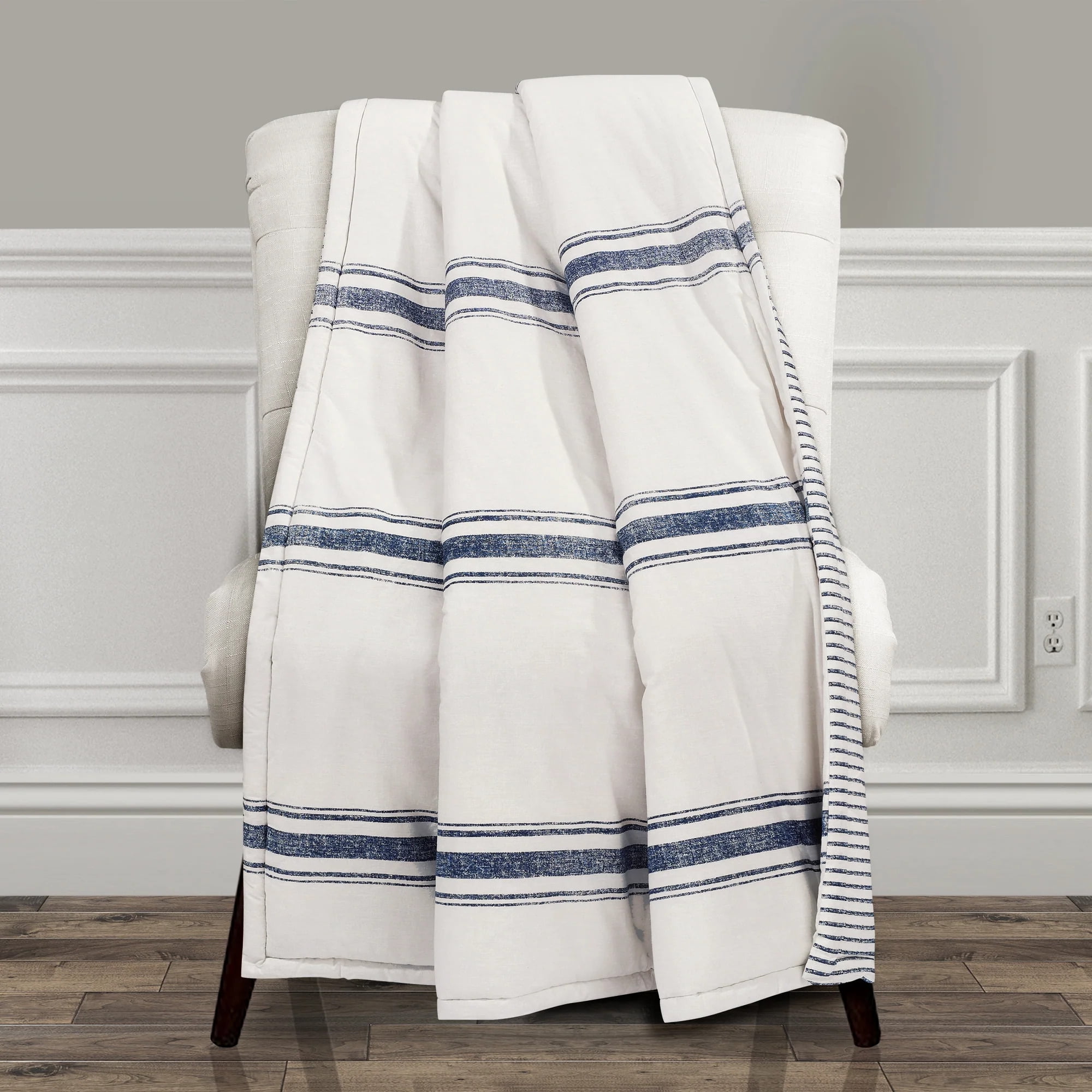 Farmhouse Stripe Navy Cotton Reversible Cozy Throw 60"x50"