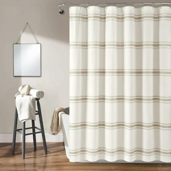 Lush Decor Farmhouse Stripe Cotton Shower Curtain, Neutral, 72" x 72", Single