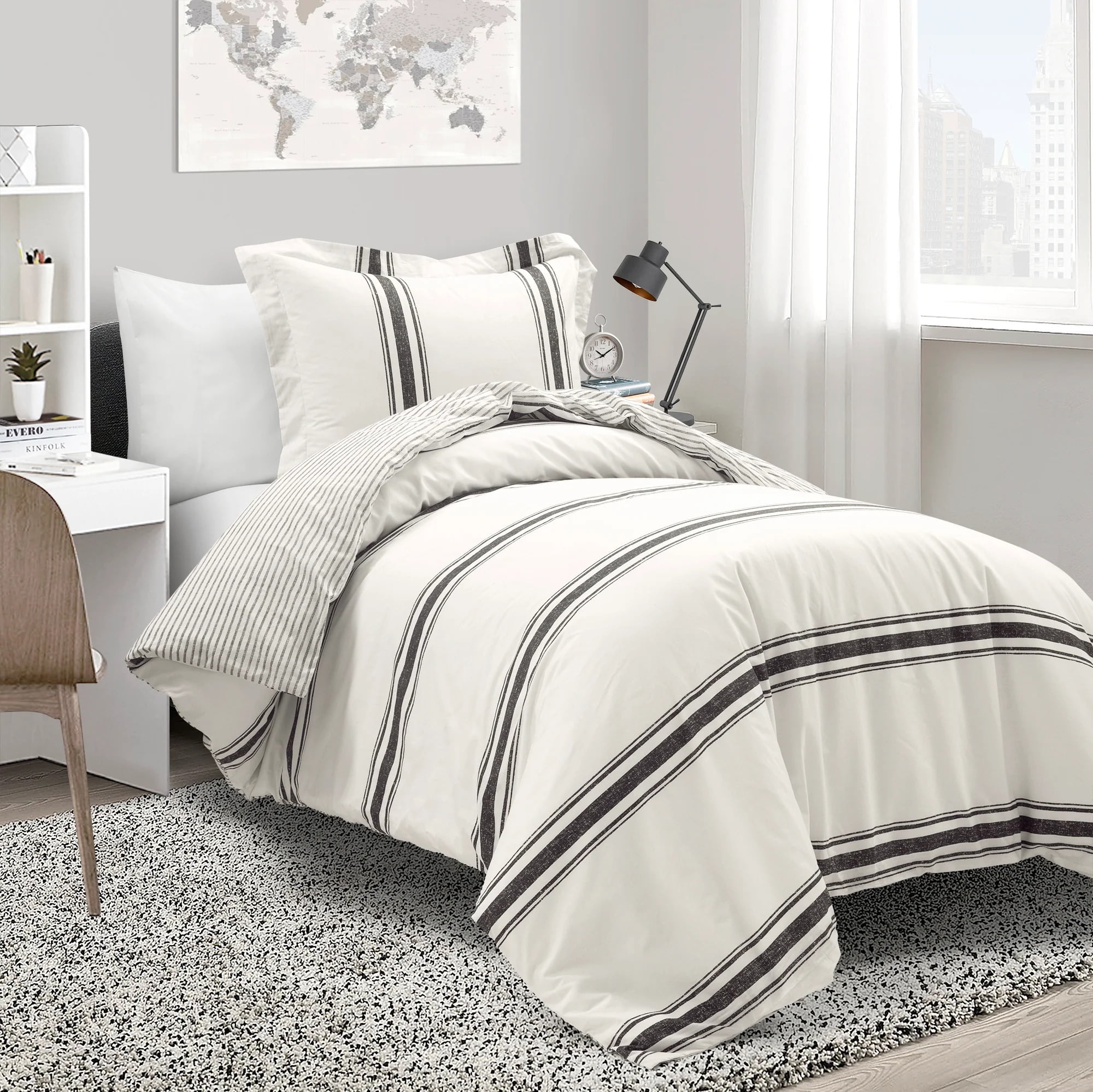 Farmhouse Stripe Black and Cream Cotton Twin XL Duvet Cover Set