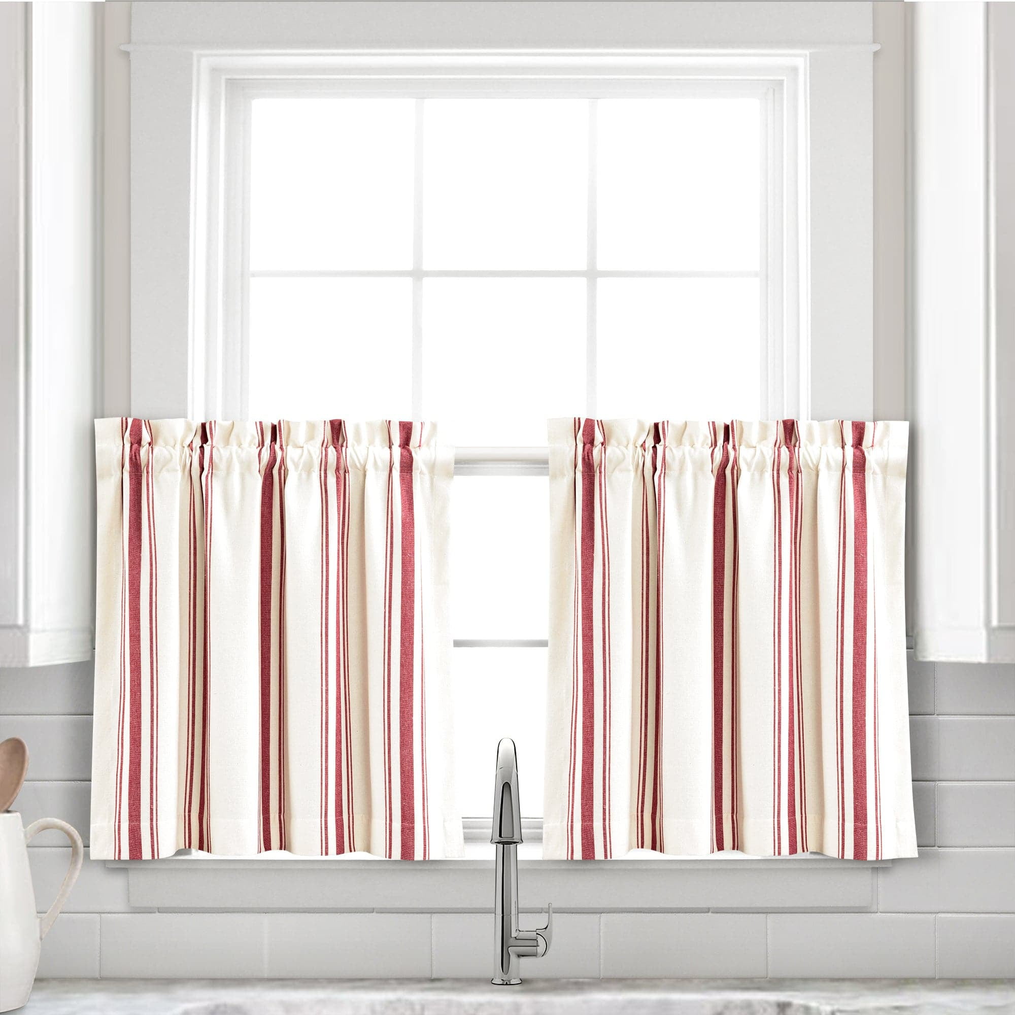 Red and White Cotton Polyester Farmhouse Kitchen Tier Curtains