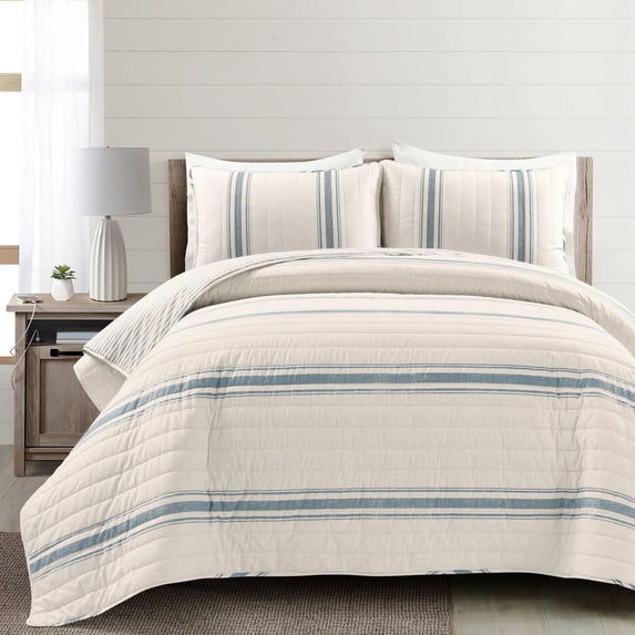 Lush Decor Farmhouse Stripe Quilt Blue 3Pc Set Cal King