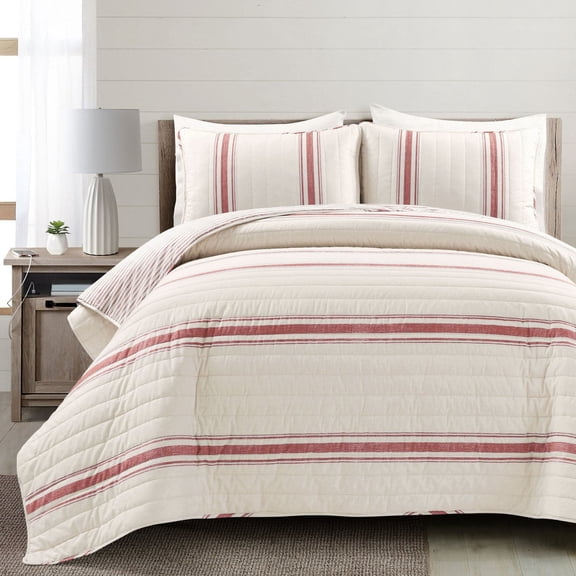 Lush Decor Farmhouse Stripe Quilt Red 3Pc Set Cal King
