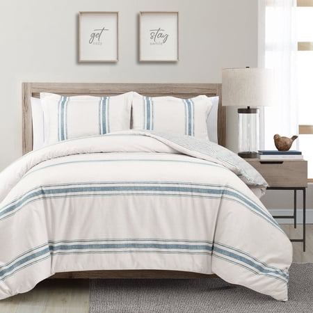 Lush Decor Farmhouse Stripe Reversible 3 Piece Duvet Cover Set, Cotton, Full/Queen, Blue