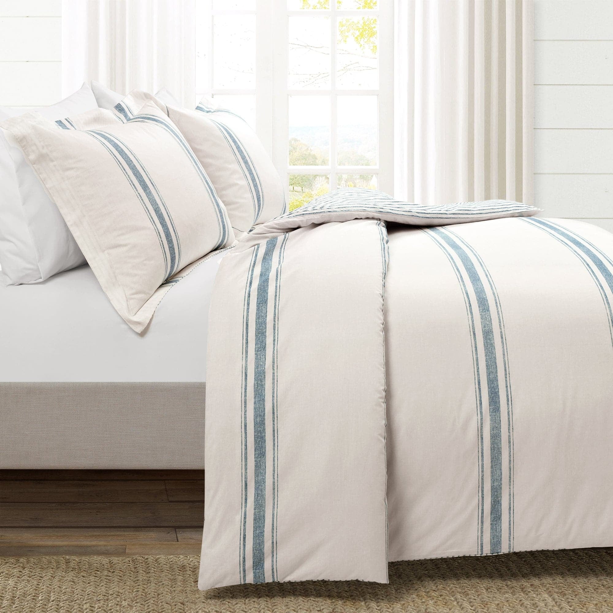 Blue and Cream Cotton Reversible Duvet Cover Set, King