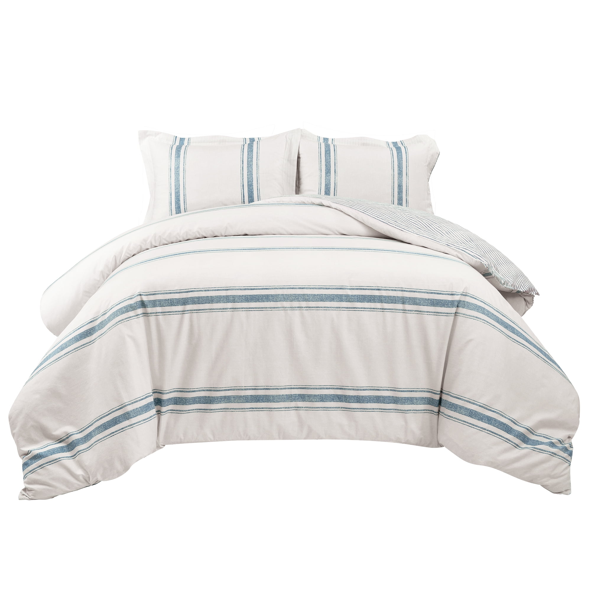 Lush Decor Farmhouse Stripe Reversible 3 Piece Duvet Cover Set, Cotton, King, Blue