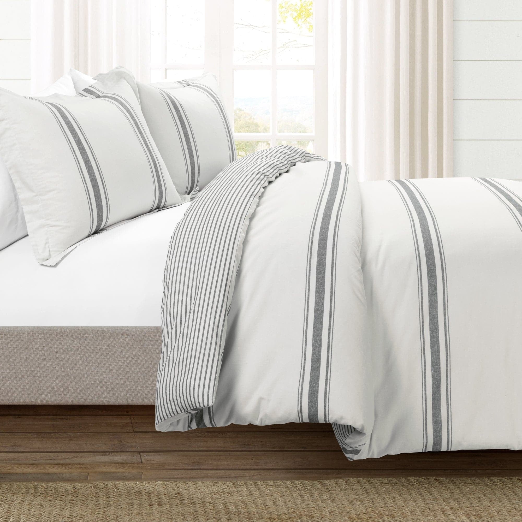 Lush Decor Farmhouse Stripe Reversible Cotton Duvet Cover Dark Gray 3Pc Set King