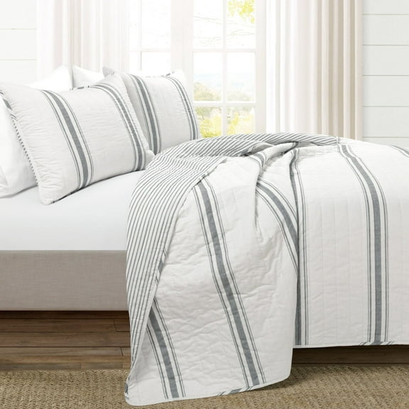 Lush Decor Farmhouse Stripe Reversible Cotton Quilt Dark Gray 3Pc Set King