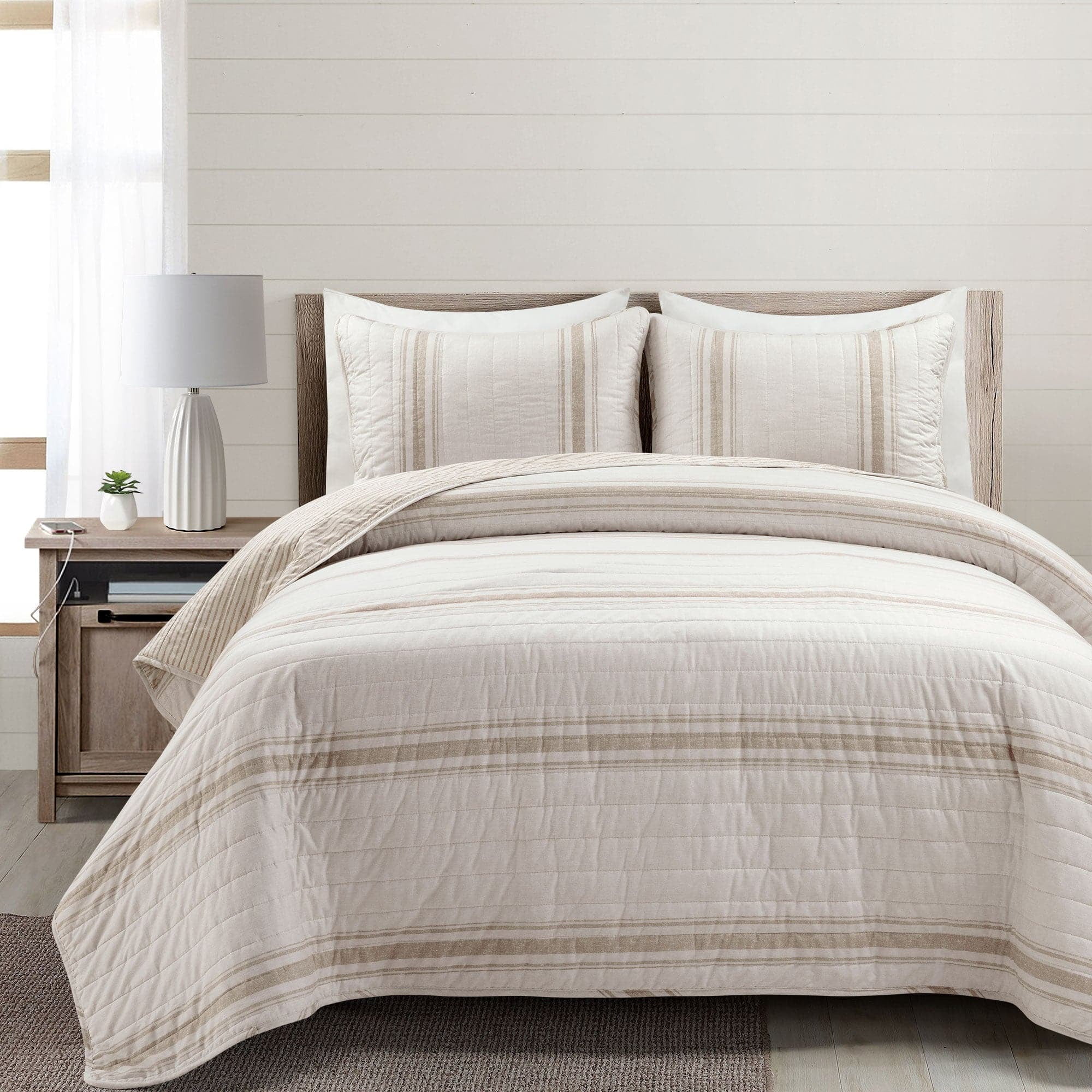 Lush Decor Farhouse Stripe Reversible Cotton Quilt Set - 3 Piece Cozy Pinstripe Bedding Set