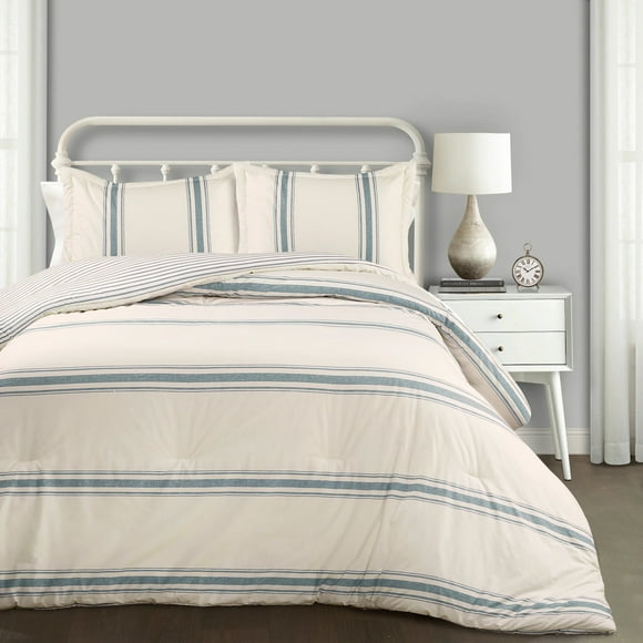 "Lush Decor Farmhouse Stripe Traditional Reversible Comforter, Full/Queen, Blue, 3-Pc Set"