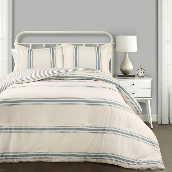 "Lush Decor Farmhouse Stripe Traditional Reversible Comforter, Full/Queen, Blue, 3-Pc Set"