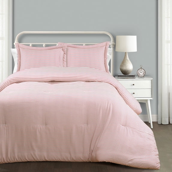 "Lush Decor Farmhouse Stripe Traditional Reversible Comforter, King, Red, 3-Pc Set"