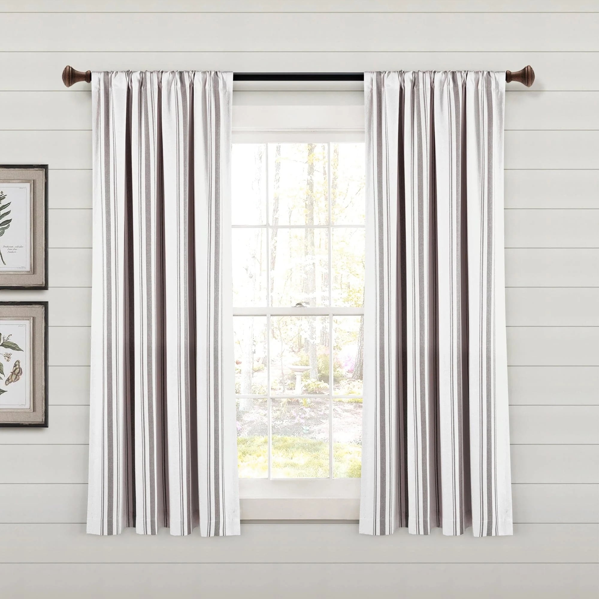 Gray Striped Cotton Blend Light-Filtering Curtain Panels, 42"W x 63"L