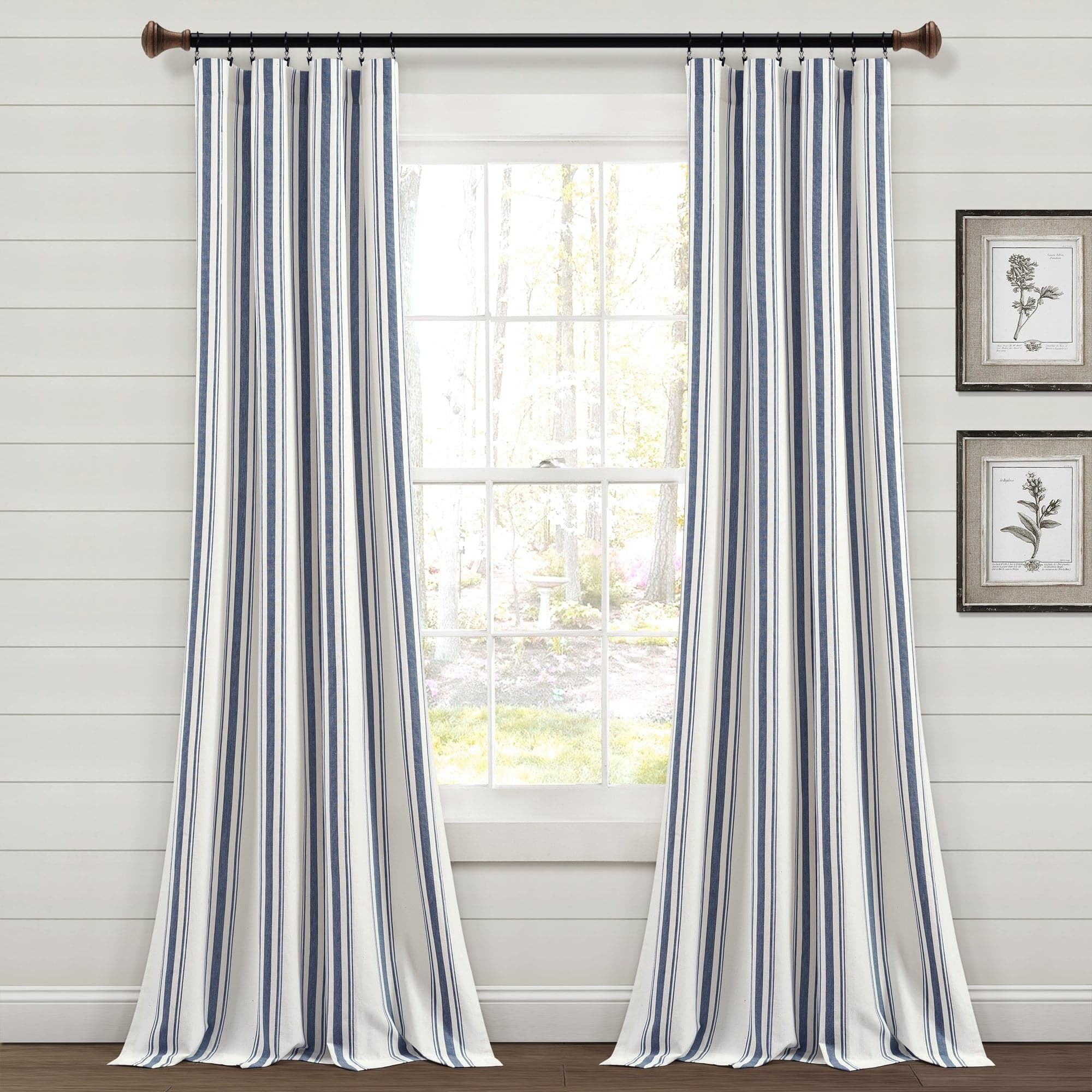 Navy and White Cotton Blend Striped Window Curtain Panels, 42"W x 95"L