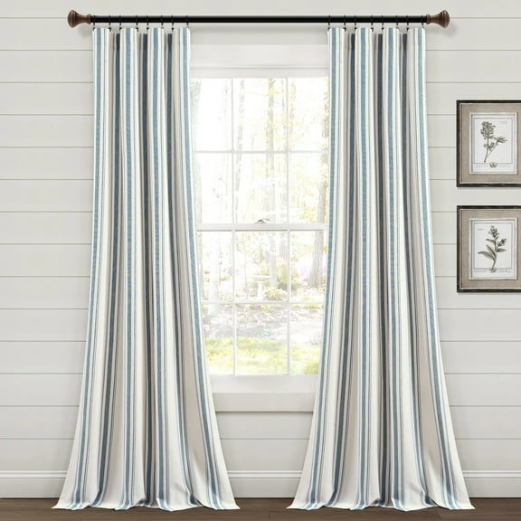 Lush Decor Farmhouse Stripe Yarn Dyed Eco-Friendly Recycled Cotton Rod Pocket Window Panel, 84" x 42", Blue, Pair