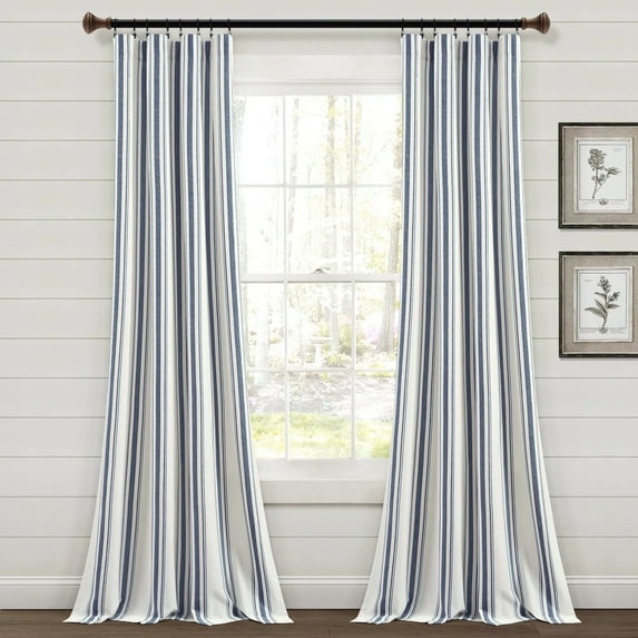 Lush Decor Farmhouse Stripe Yarn Dyed Eco-Friendly Recycled Cotton Rod Pocket Window Panel, 84" x 42", Navy, Pair