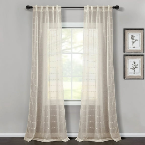 Lush Decor Farmhouse Textured Back Tab/Rod Pocket Sheer Window Curtain Panels Beige 38x84 Set