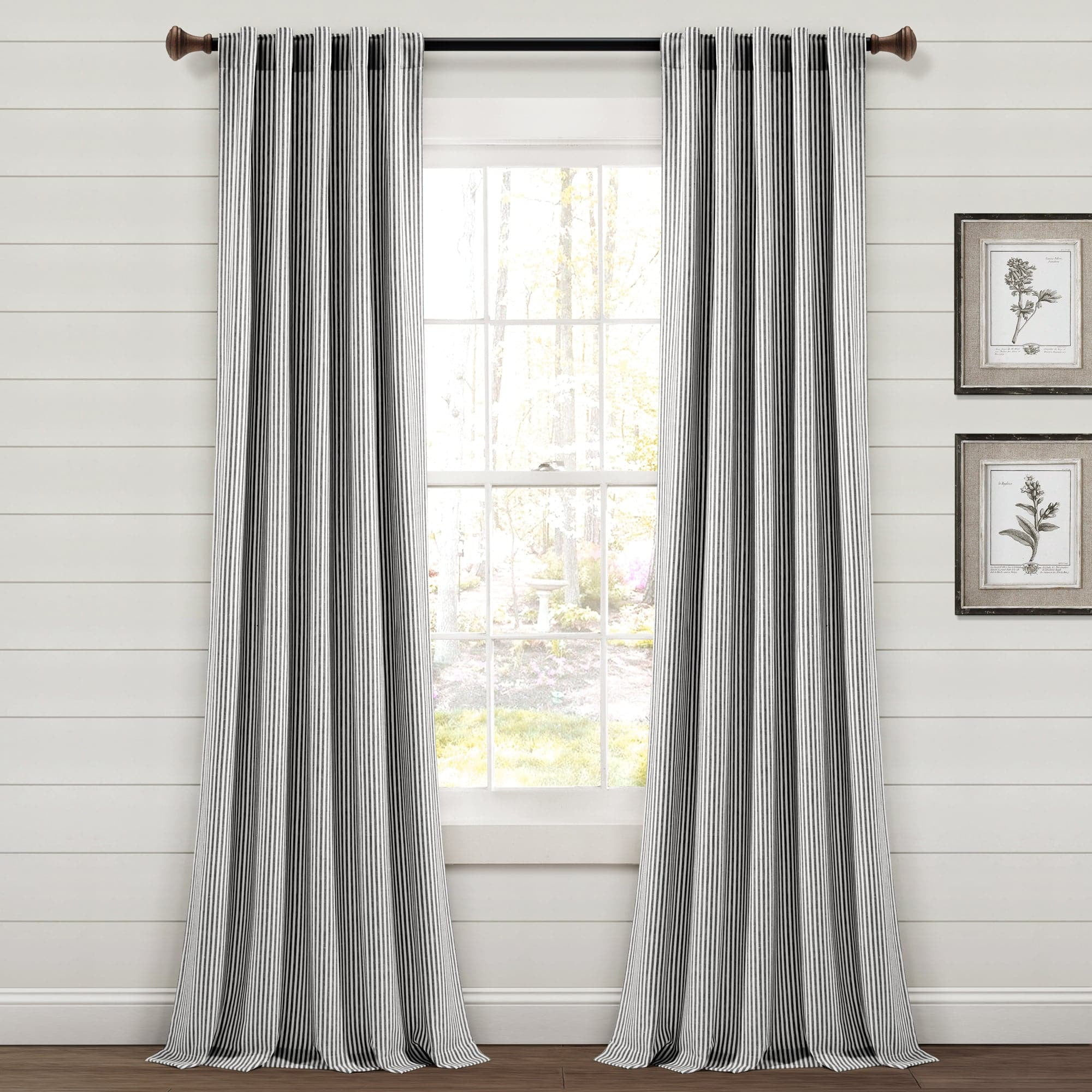 Black Striped Cotton Blend Light-Filtering Curtain Panels, 95" x 40"