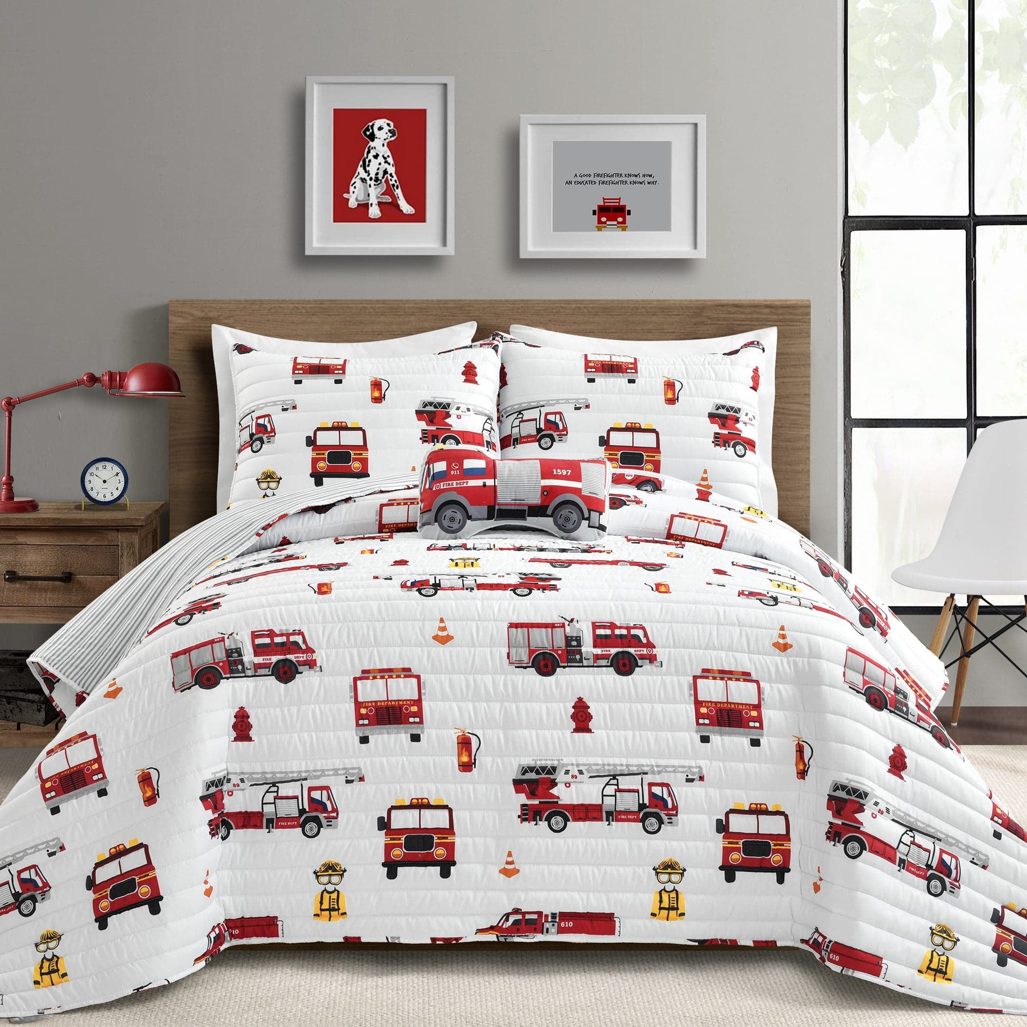 Lush Decor Fire Truck Quilt 3 Piece Set Twin Red White Reversible Stripe Print Toddler Bedding Set for Kids Room