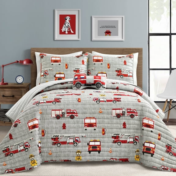 Lush Decor Fire Truck Quilt Red/Gray 3Pc Set Twin