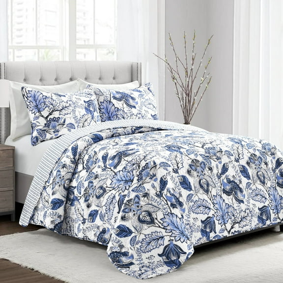 Lush Decor Floral Cotton Quilt Set, Full/Queen, Blue