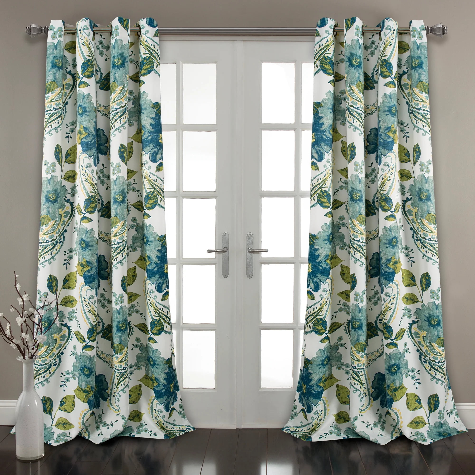 Extra Long Blue Green Floral Paisley Blackout Drapes