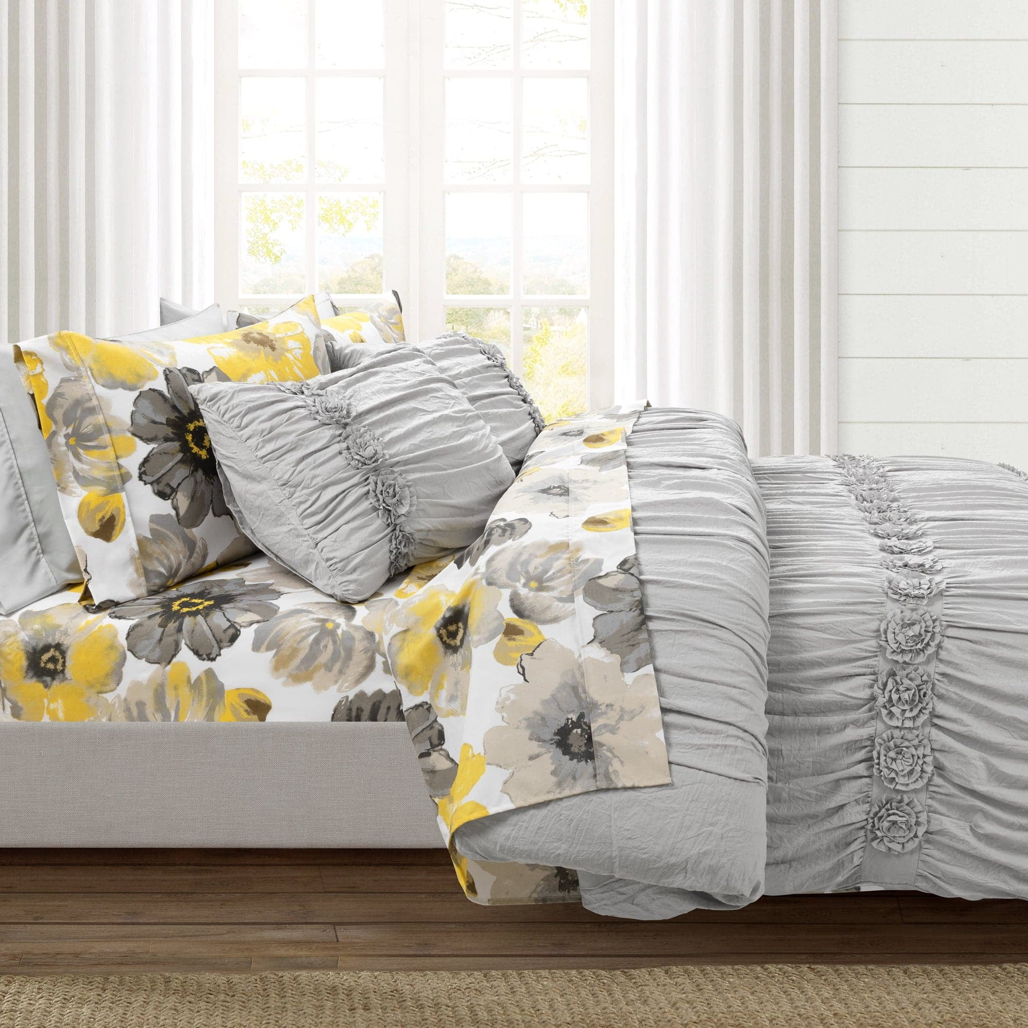 Queen Yellow and Gray Floral Microfiber Sheet Set