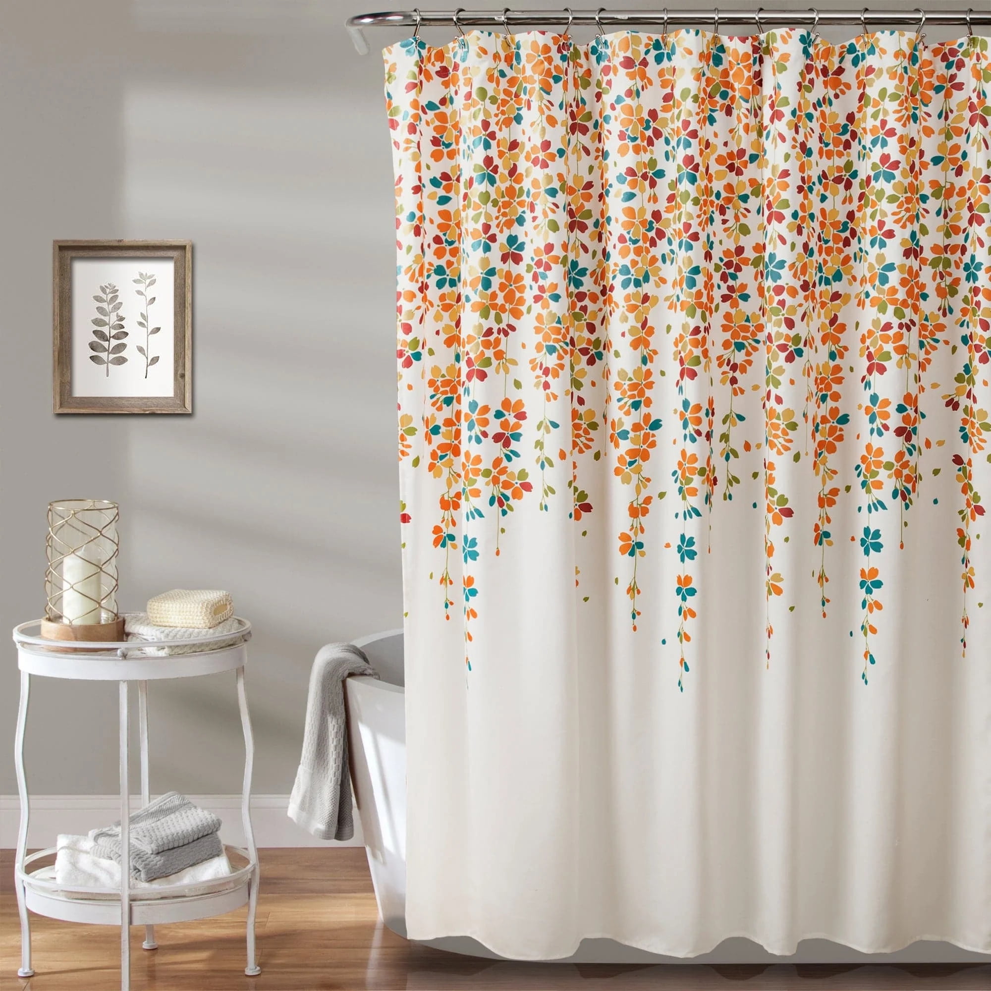 Turquoise and Tangerine Floral Polyester Shower Curtain, 72" x 72"
