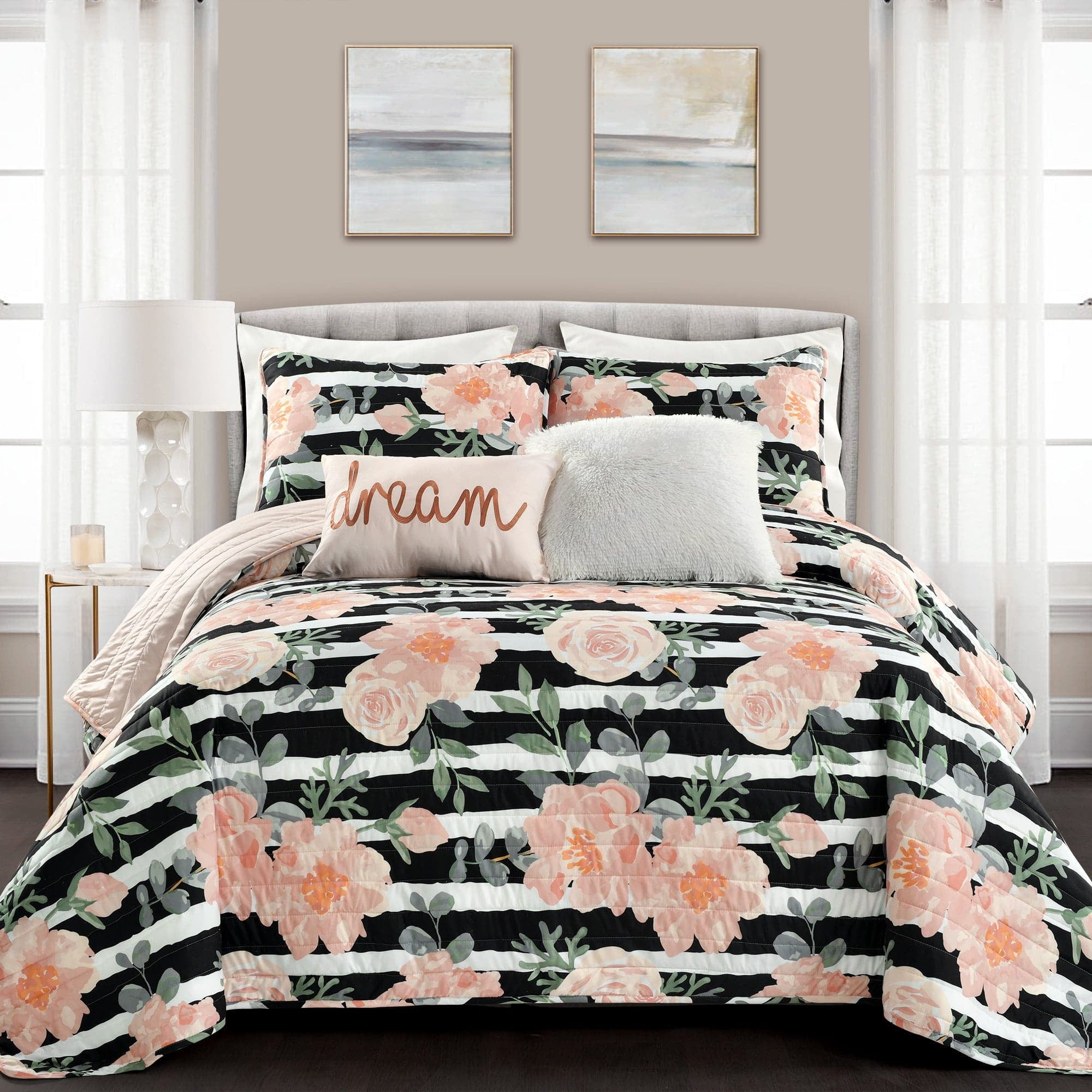 Full/Queen Black and Dusty Rose Microfiber Reversible Quilt Set