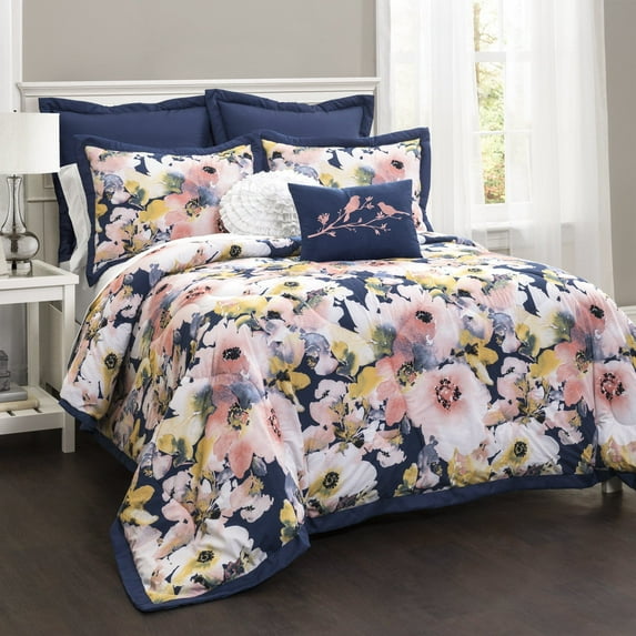 Lush Decor Floral Watercolor Cotton/Polyester Quilted Stitching Comforter, Full/Queen, Blue, 7-Pc Set