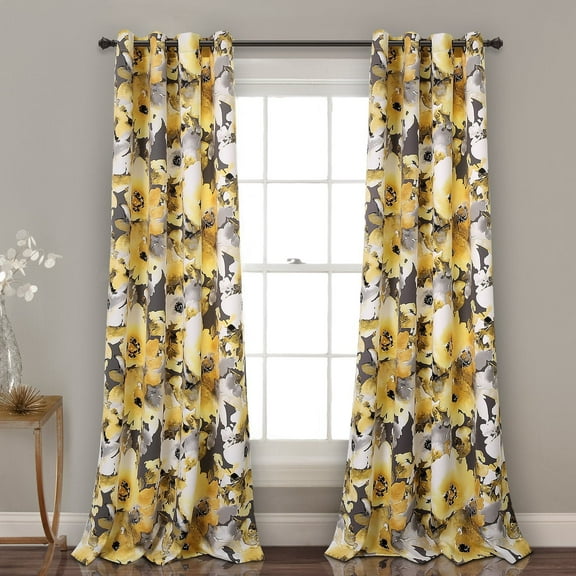 Lush Decor Floral Watercolor Room Darkening 84" x 52" Yellow 100% Polyester Metal Grommets 2-Piece Set Window Panel Curtain