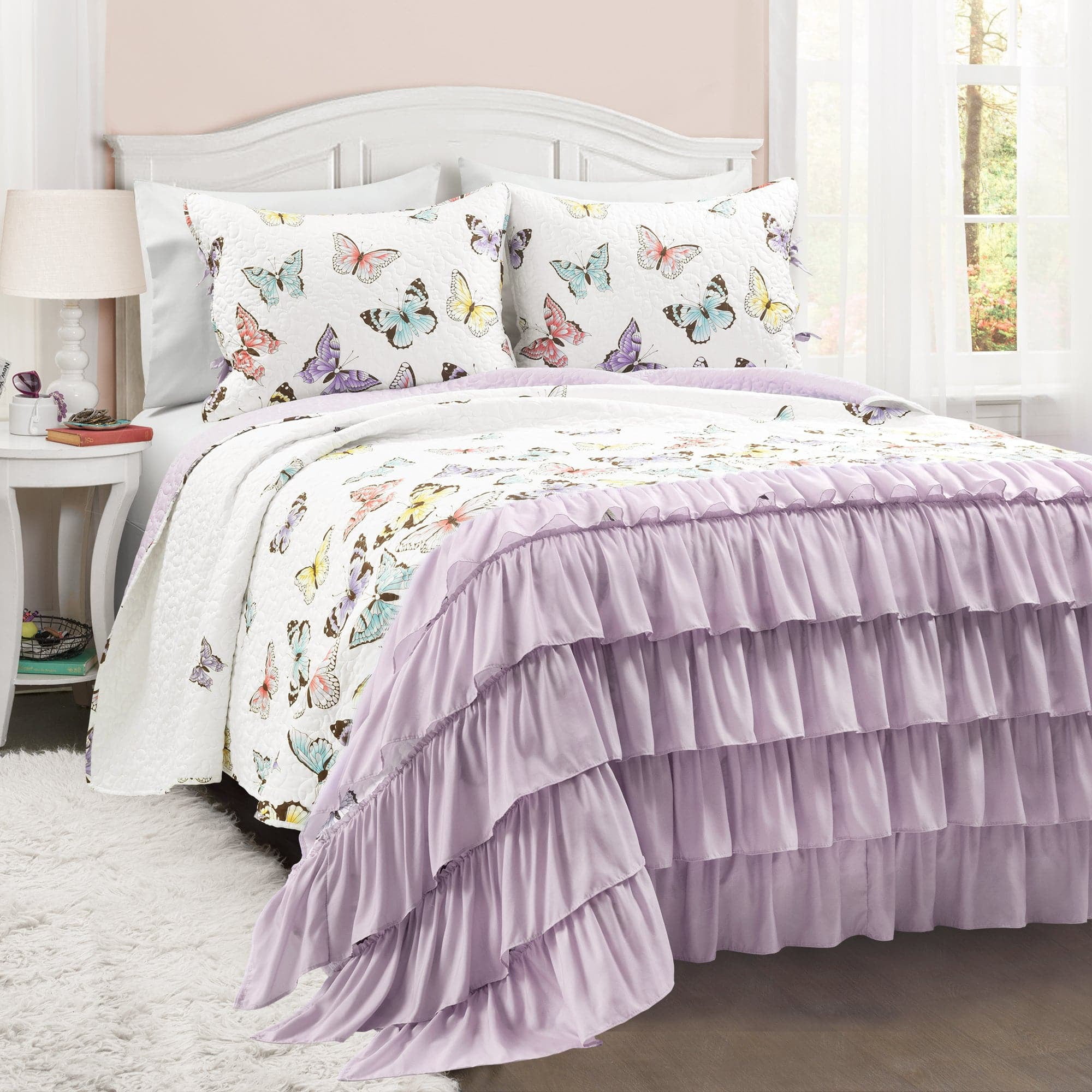 Lilac and White Microfiber Twin Quilt Set with Butterfly Design