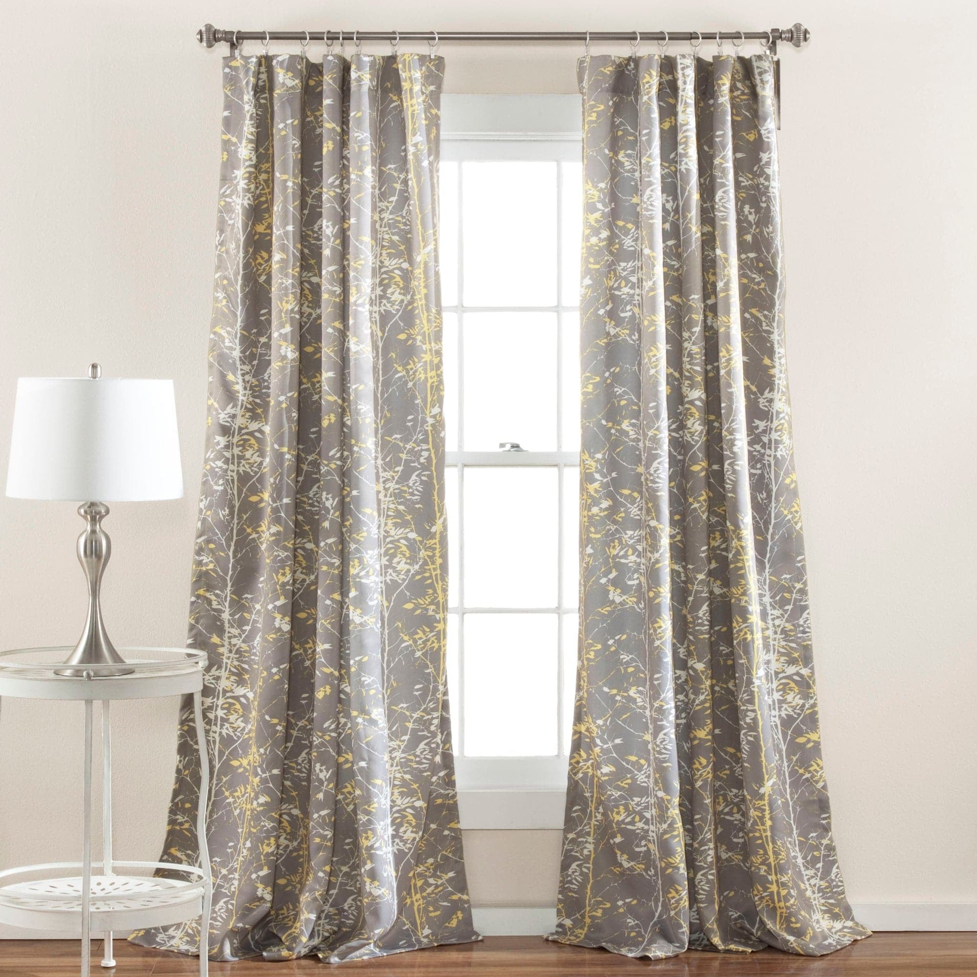 Gray and Yellow Floral Polyester Room Darkening Window Panel Set