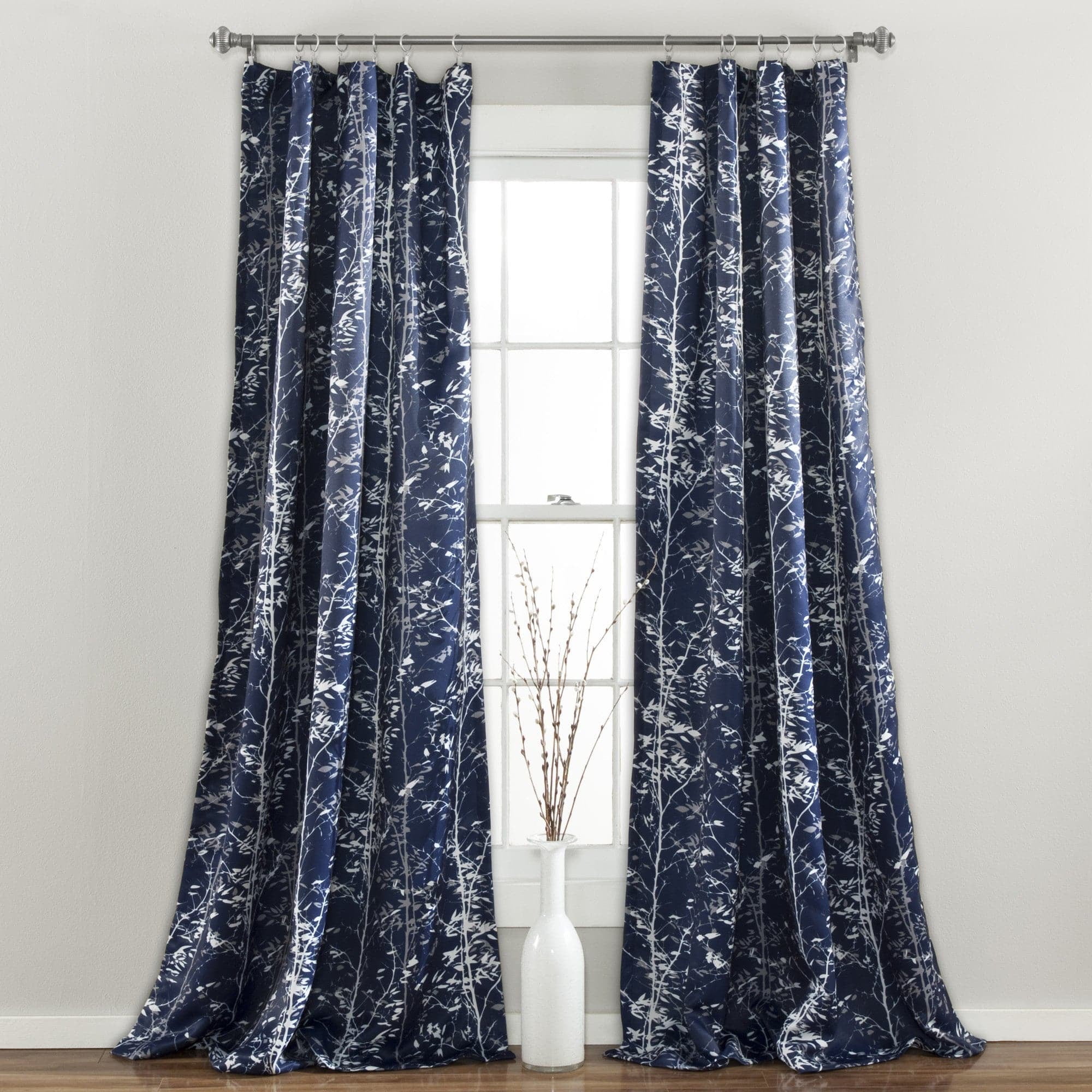 Navy Polyester Blackout Pleated Rod Pocket Window Curtains