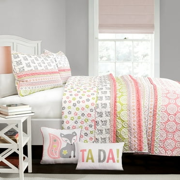 Lush Decor Fox Ruffle Stripe Reversible Quilt, Full/Queen, Pink/Gray, 5-Pc Set