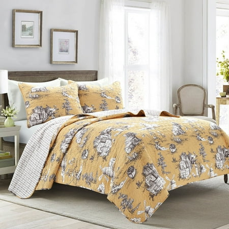 Lush Decor French Country Toile Cotton Reversible Quilt Yellow/GRAY 3Pc Set King