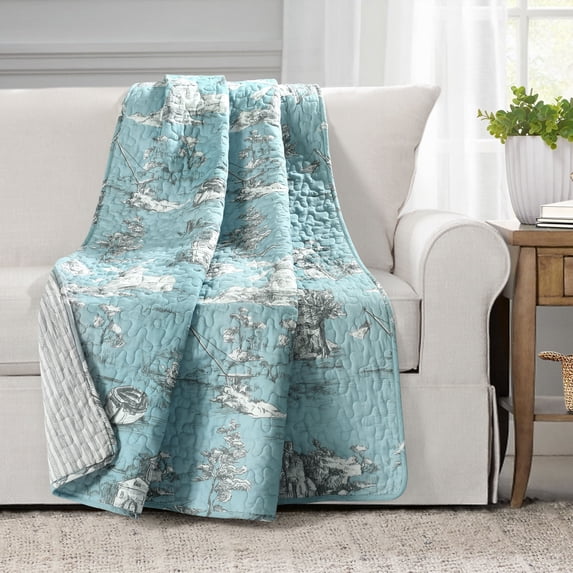 Lush Decor French Country Toile Cotton Reversible Throw, 60x50, Blue/White, Single