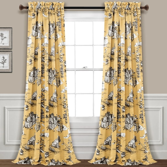 Lush Decor French Country Toile Room Darkening 84" x 52" + 2" Header Toile Yellow 100% Polyester 3" Rod Pocket Pair Window Panel