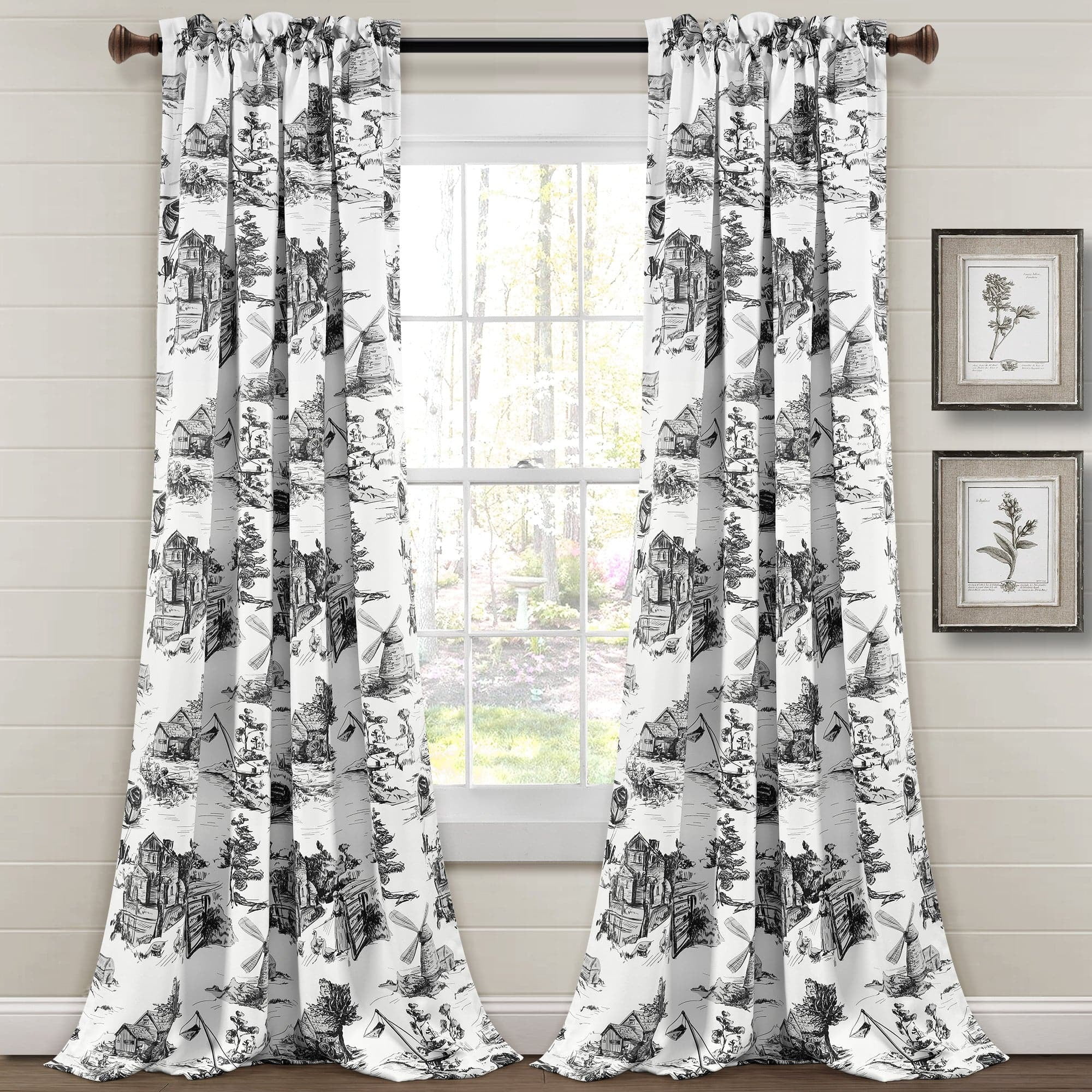 White and Charcoal French Country Toile Blackout Curtains