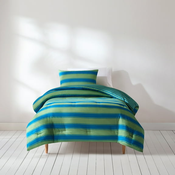 Lush Decor Gale Cabana Stripe? Reversible Comforter 2 Piece Set Twin/ Twin Xl Blue & Sage - Striped Bedding Set - Kids Green Comforter - Coastal Dorm Decor