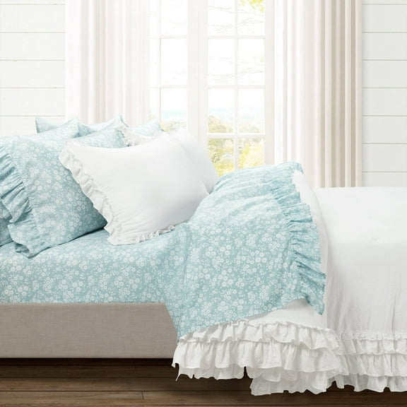 Lush Decor Garden Of Flowers Ruffle Sheet Set Blue 6Pc Set Queen