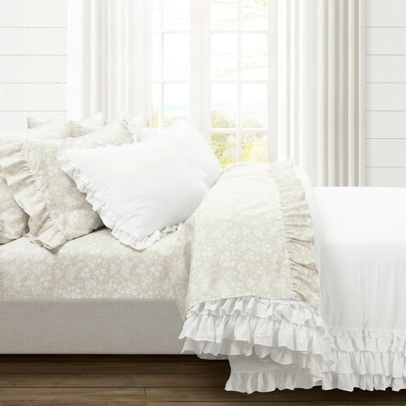 Lush Decor Garden Of Flowers Ruffle Sheet Set Neutral 6Pc Set Full